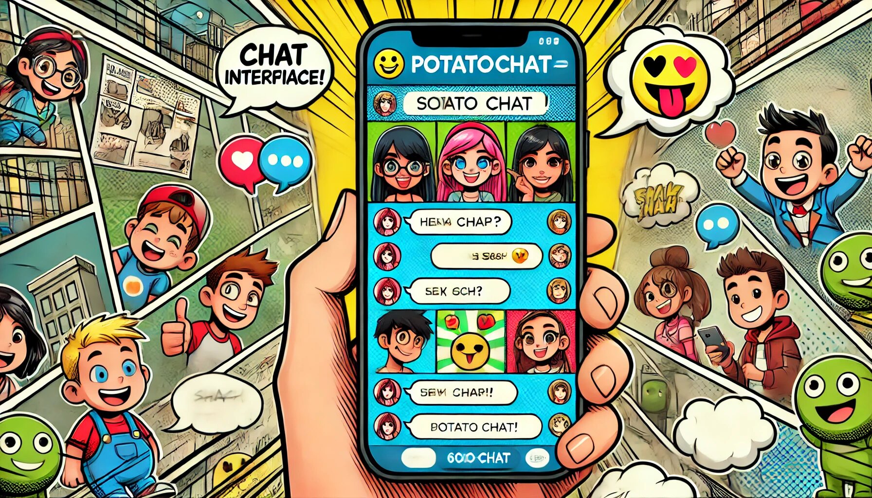 DALL·E 2025-03-03 17.50.37 - A comic-style illustration of a fun and friendly chat interface of a social media app named PotatoChat. The screen should display chat bubbles, smiley_proc.jpg