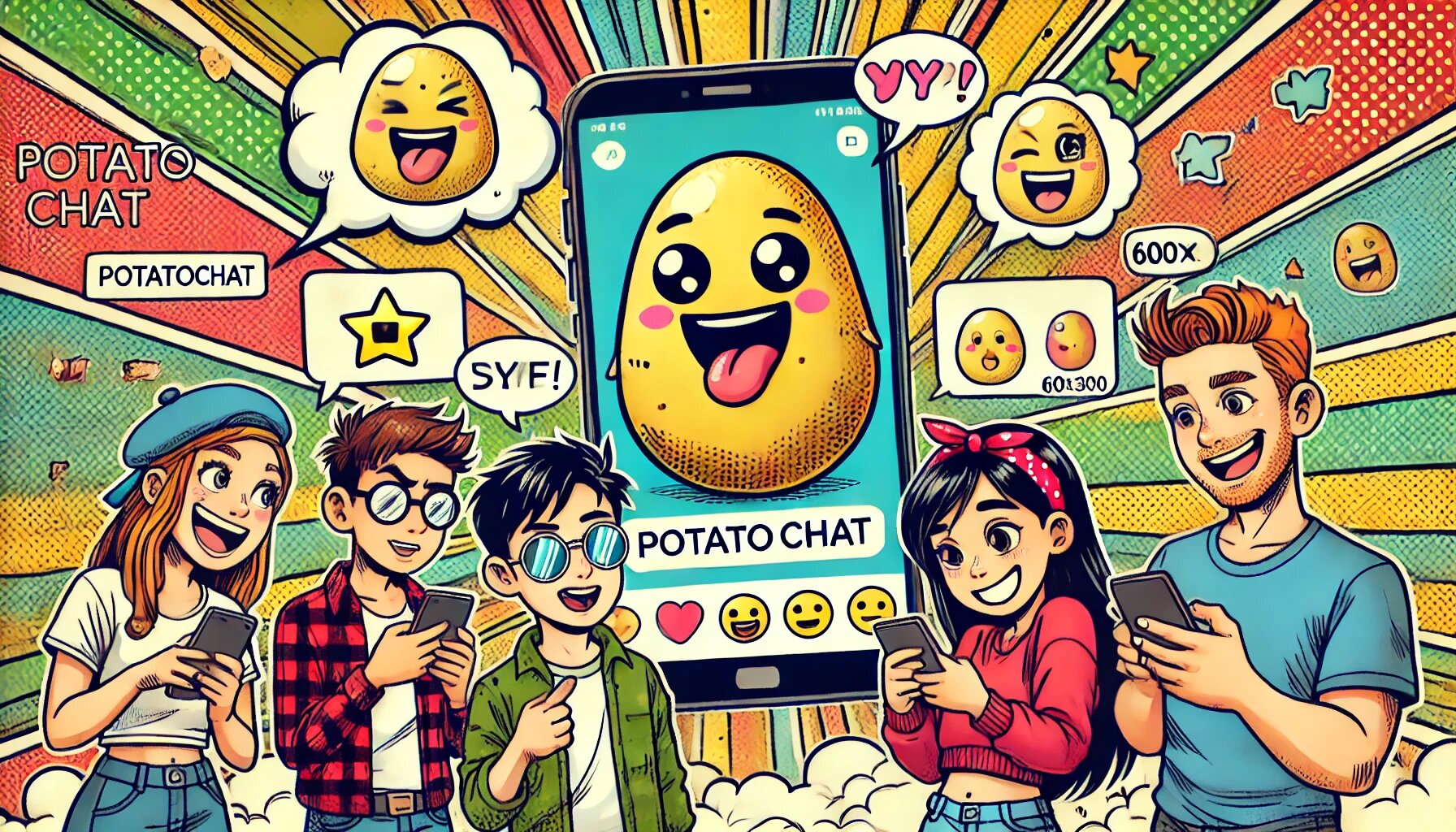 DALL·E 2025-03-03 17.50.45 - A comic-style illustration of a group of friends using the PotatoChat app on their phones. The characters are cartoonish, having fun and interacting w_proc.jpg