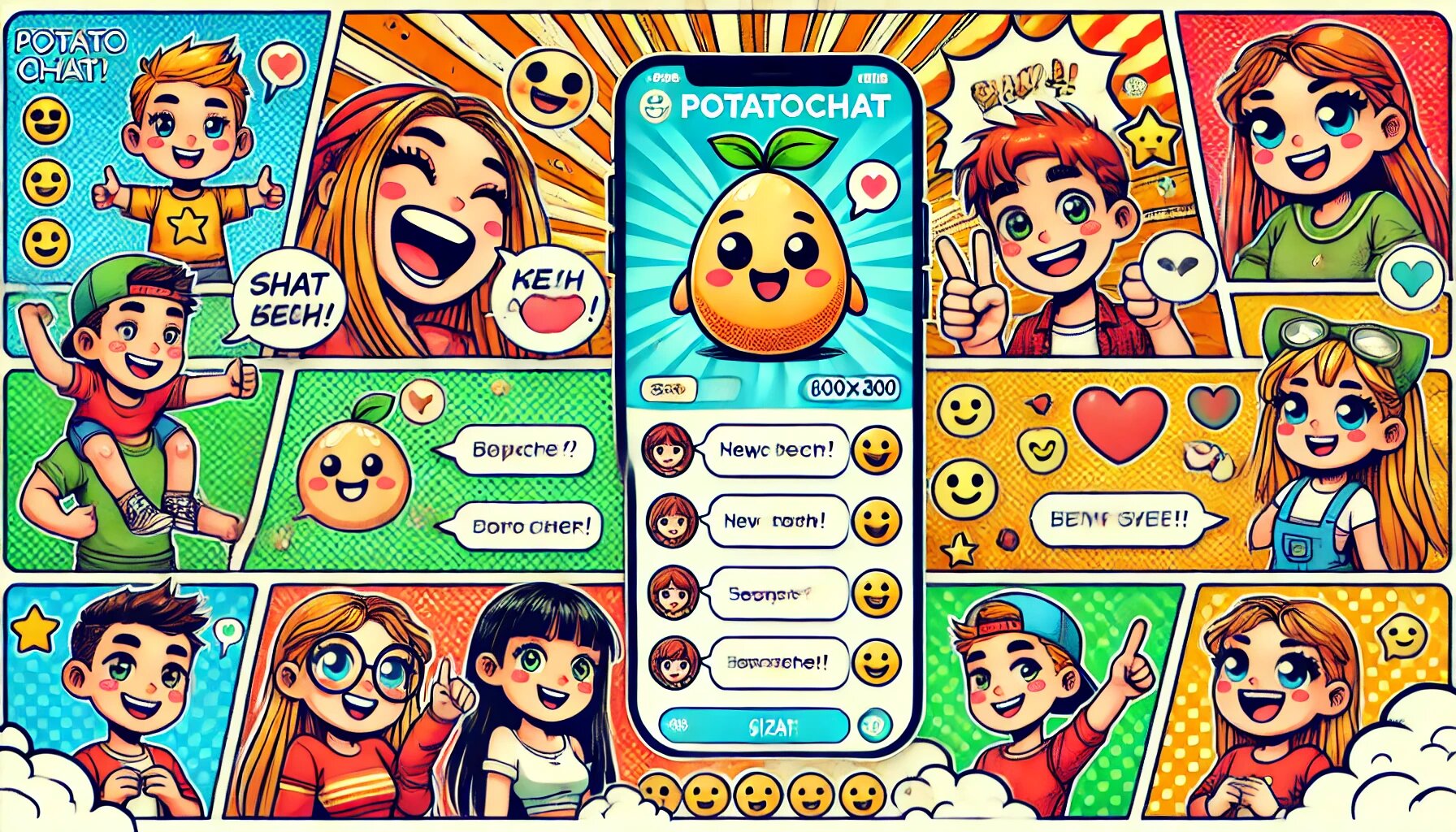 DALL·E 2025-03-04 18.00.16 - A comic-style illustration of a fun and friendly chat interface of the social media app PotatoChat. The screen should display chat bubbles, smiley fac_proc.jpg