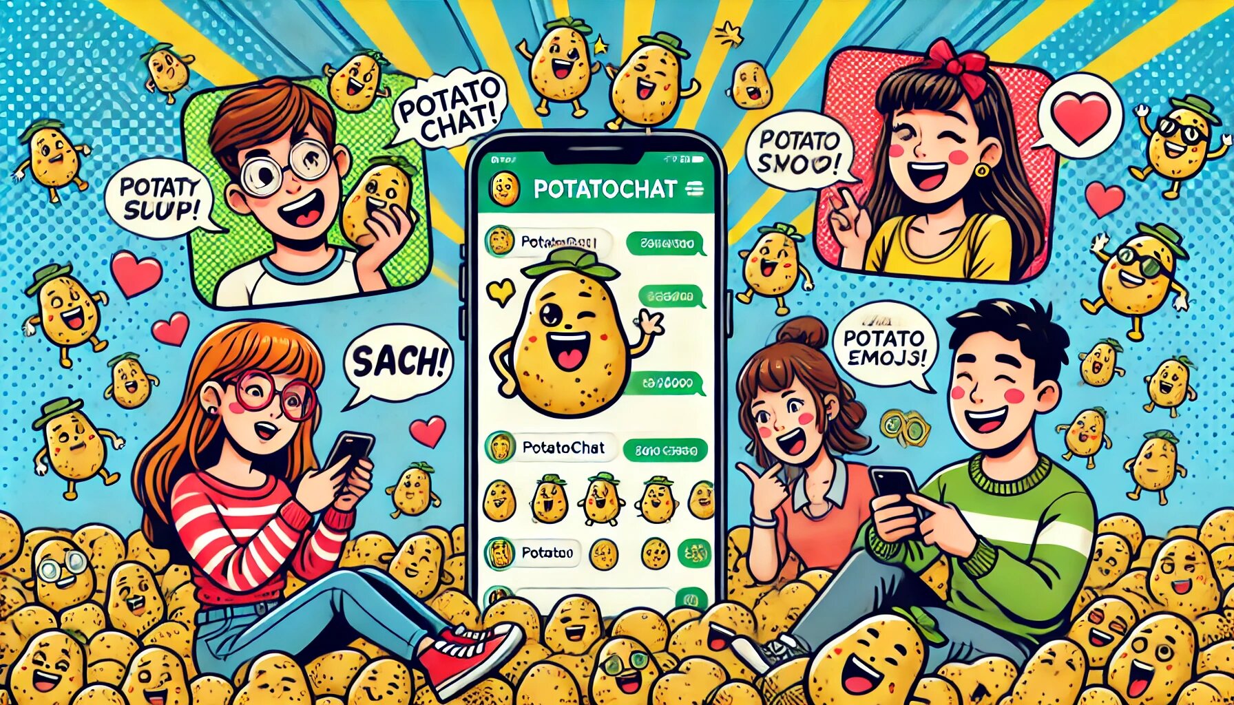 DALL·E 2025-03-04 18.00.25 - A comic-style illustration of a group of friends using the PotatoChat app on their phones. The characters are cartoonish, having fun and interacting w_proc.jpg